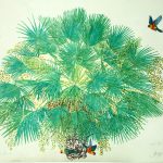 Copernicia prunifera e Aratinga jandaya Nanquim, 36 x 50,3 cm (VxH) Distribuição: a Carnaúba é uma palmeira típica da região Nordeste do Brasil, sobretudo dos estados do Ceará, Piauí, Rio Grande do Norte e Maranhão, sendo verificada com menor incidência, ainda, no Tocantins, Goiás e norte de Minas Gerais. Já a Jandaia-verdadeira ocorre na região Nordeste brasileira.